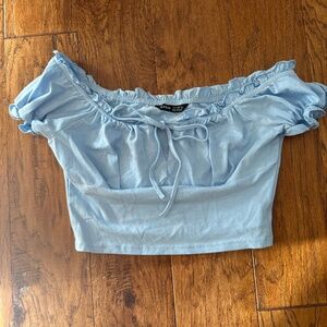 Light Blue Ruffle Off the Shoulder Crop Top